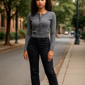 Topshop Button Front Cardigan Size 0-2 Grey Long Sleeves 100% Cotton Casual Top